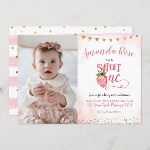 Strawberry Sweet One First Birthday with photo Invitation