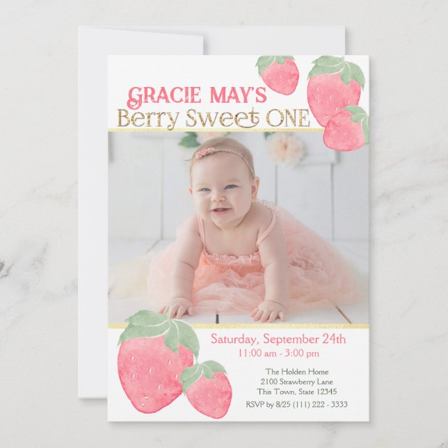 Strawberry Sweet One First Birthday with Photo Invitation (Front)