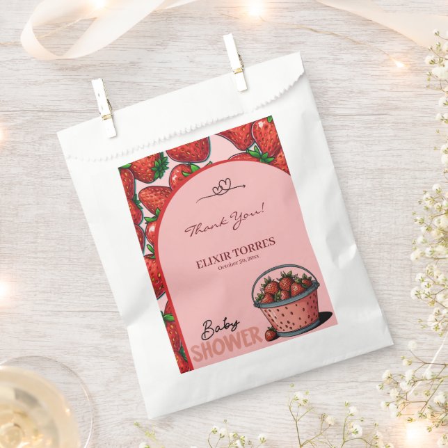 Strawberry Sweet Pink Bucket Baby Shower Favor Bag (Clipped)