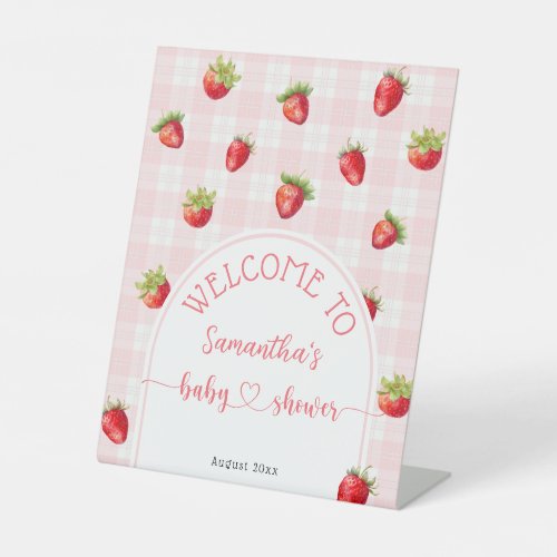 Strawberry Sweet Rustic Welcome Baby Girl Shower  Pedestal Sign