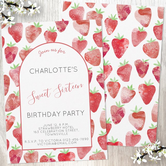 Strawberry Sweet Sixteen Birthday Party Invitation (Creator Uploaded)