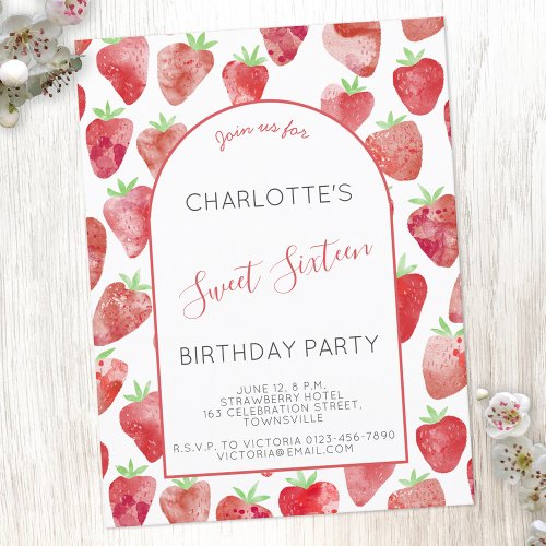 Strawberry Sweet Sixteen Birthday Party Invitation Postcard