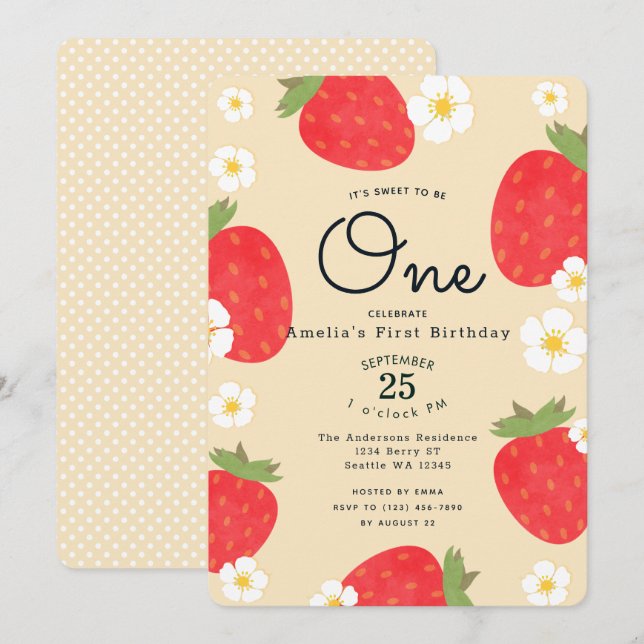 Strawberry Sweet to Be One 1st Birthday Invitation (Front/Back)