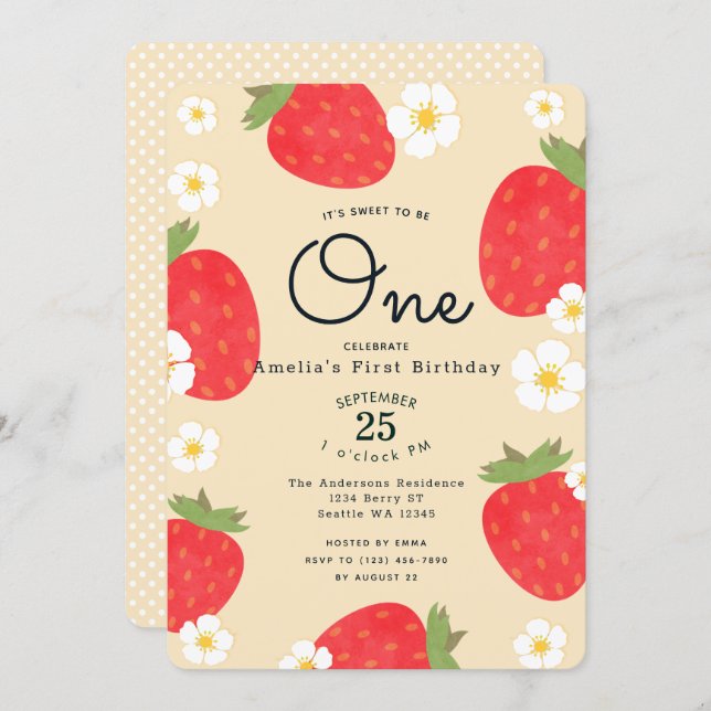 Strawberry Sweet to Be One 1st Birthday Invitation (Front/Back)