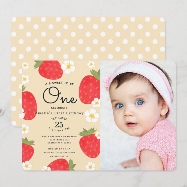 Strawberry Sweet to Be One 1st Birthday Photo Invitation (Front/Back)