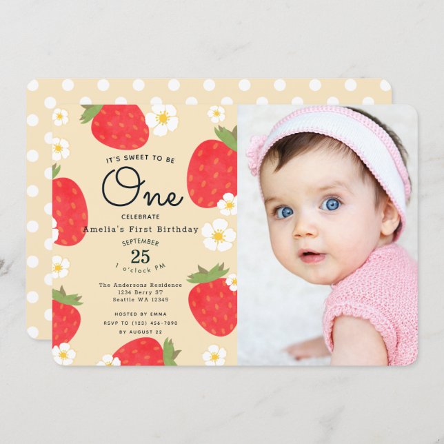 Strawberry Sweet to Be One 1st Birthday Photo Invitation (Front/Back)