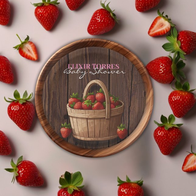 Strawberry Sweet Wood Basket Baby Shower Paper Plates (Creator Uploaded)