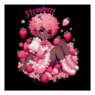 Strawberry Sweetheart: Dark Skin Femboy glossy Poster