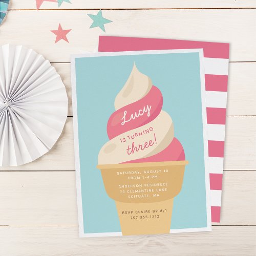 Strawberry Swirl Ice Cream Kids Birthday Party Invitation