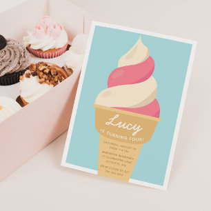 Strawberry Swirl Ice Cream Kids Birthday Party Invitation