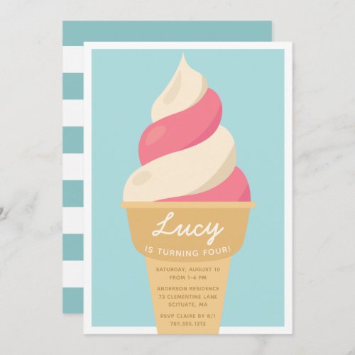 Strawberry Swirl Ice Cream Kids Birthday Party Invitation