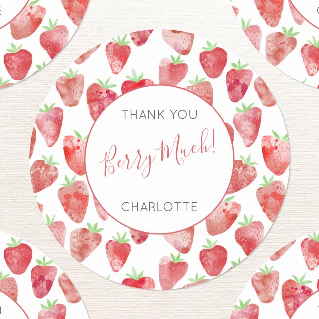 Strawberry Thank You Personalized Classic Round Sticker (Strawberry personalized thank you sticker)