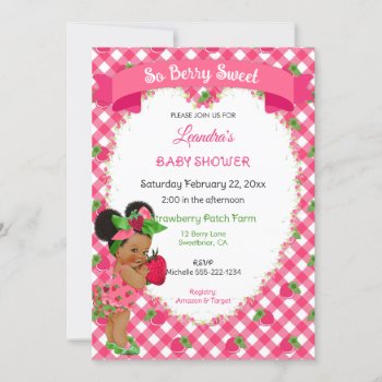 Strawberry Theme Baby Girl Gingham Pink Green  Invitation by nawnibelles at Zazzle