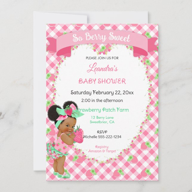 Strawberry Theme Baby Girl Gingham Pink Mint Invitation (Front)