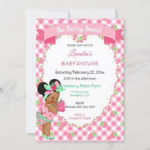 Strawberry Theme Baby Girl Gingham Pink Mint Invitation