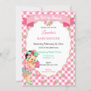 Strawberry Theme Baby Girl Gingham Pink Mint  Invitation