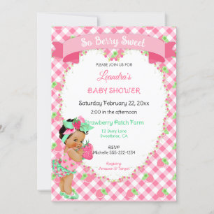 Strawberry Theme Baby Girl Gingham Pink Mint Invitation