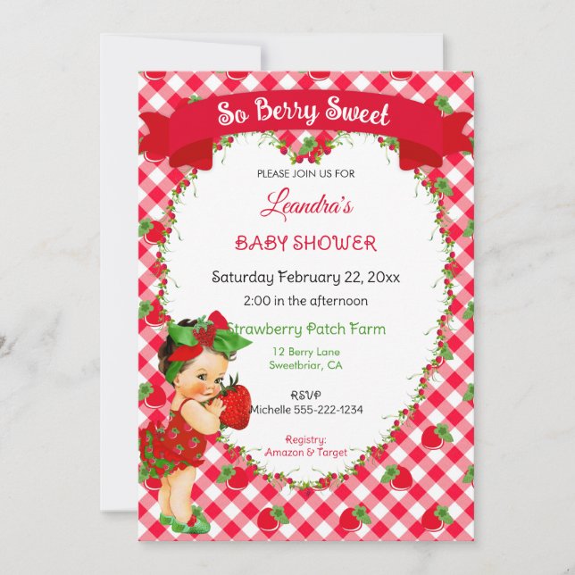 Strawberry Theme Baby Girl Gingham Red Green  Invitation (Front)