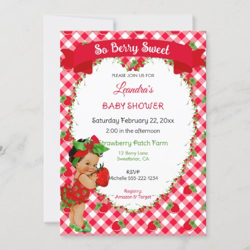 Strawberry Theme Baby Girl Gingham Red Green  Invitation