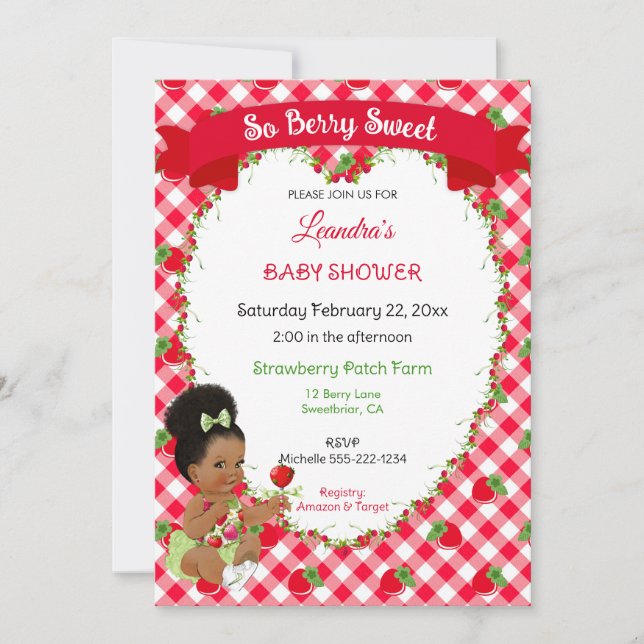 Strawberry Theme Baby Girl Gingham Red Green  Invitation (Front)