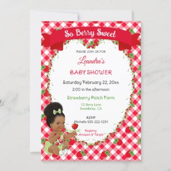 Strawberry Theme Baby Girl Gingham Red Green  Invitation by nawnibelles at Zazzle