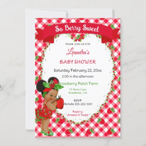 Strawberry Theme Baby Girl Gingham Red Green  Invitation