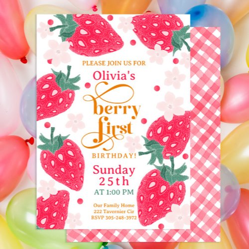 Strawberry Theme Berry First Birthday Party Invitation