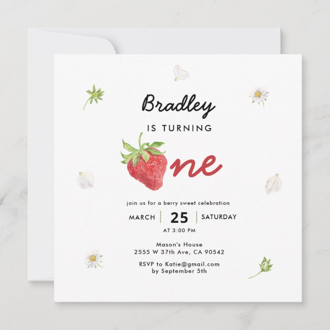 Strawberry Theme Berry First Birthday Square Invitation (Front)