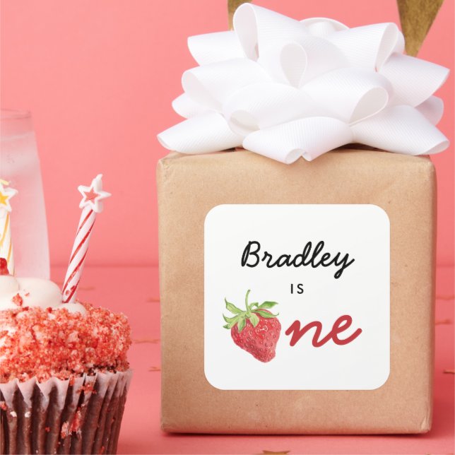 Strawberry Theme Turing One 1st Birthday Square Sticker (Party)