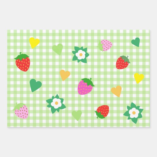 Strawberry Themed Birthday Party Wrapping Paper Sheets (Front)