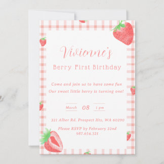 Strawberry Themed First Birthday Party Invitation 