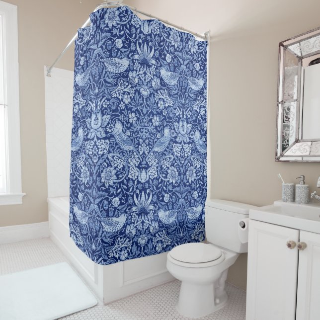 Strawberry Thief Blue Monotone, William Morris Shower Curtain (In Situ)