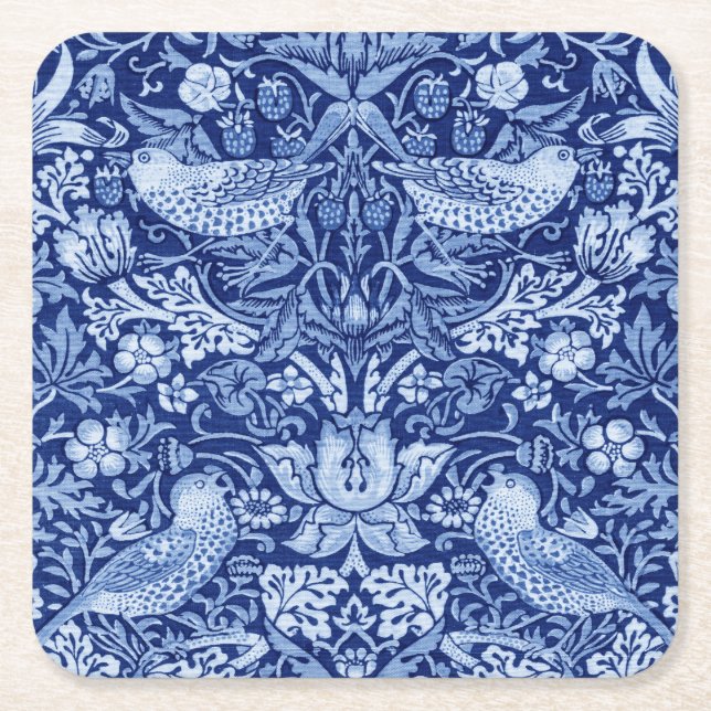 Strawberry Thief Blue Monotone, William Morris Square Paper Coaster (Front)