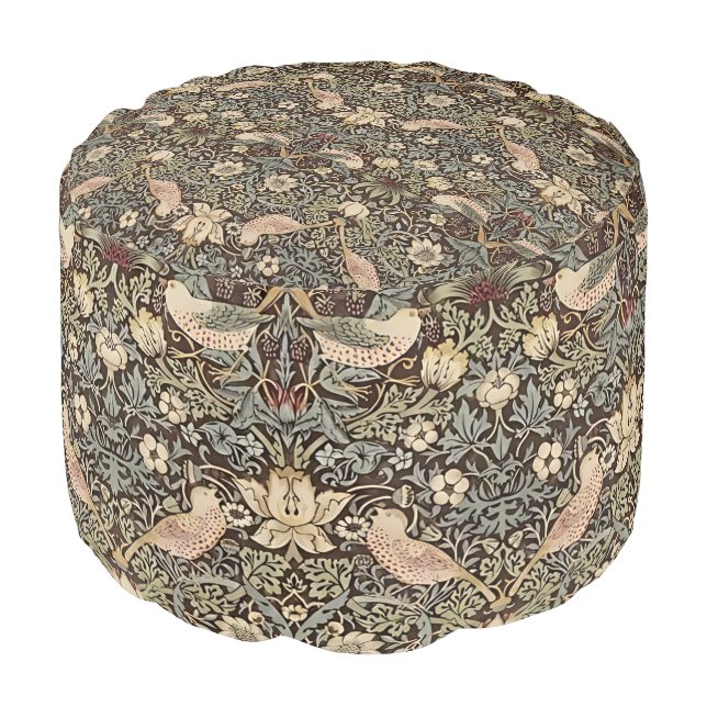 Strawberry Thief by William Morris Chocolate Pouf (Angled Front)