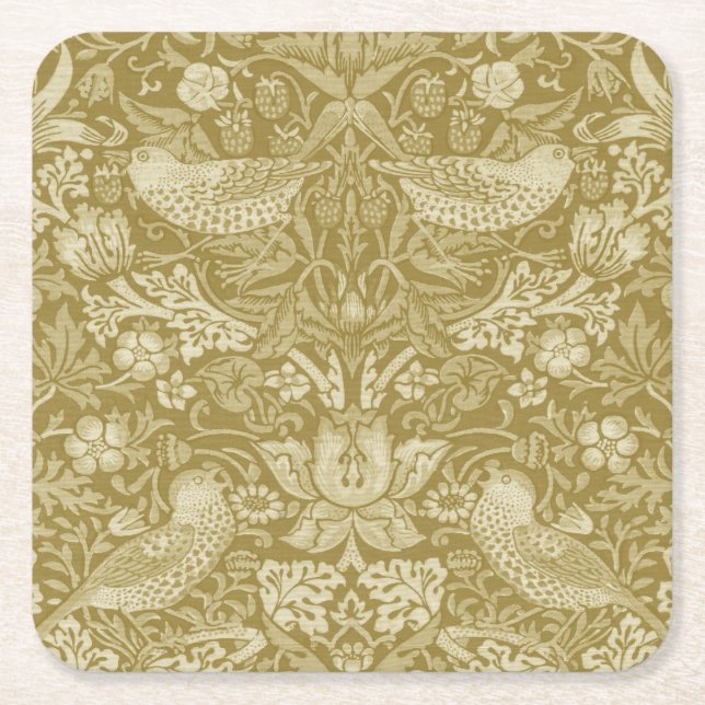 Strawberry Thief Gold, William Morris Square Paper Coaster (Front)