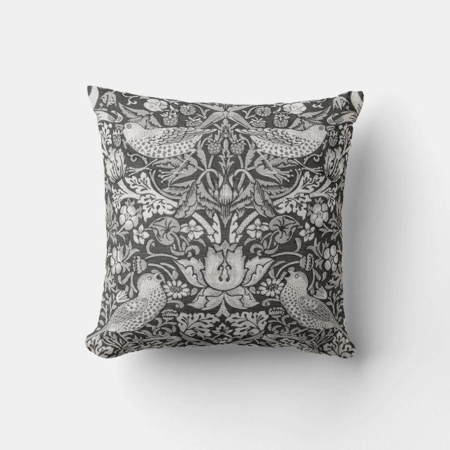 Strawberry Thief Gray, William Morris Throw Pillow (Front)