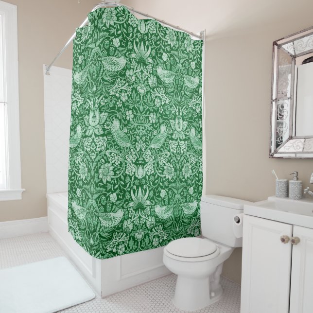 Strawberry Thief Green, William Morris Shower Curtain (In Situ)