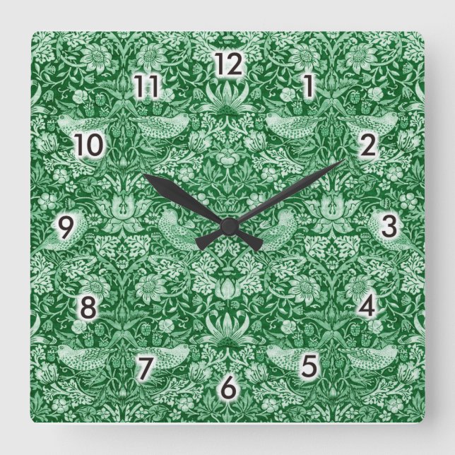 Strawberry Thief Green, William Morris Square Wall Clock (Front)