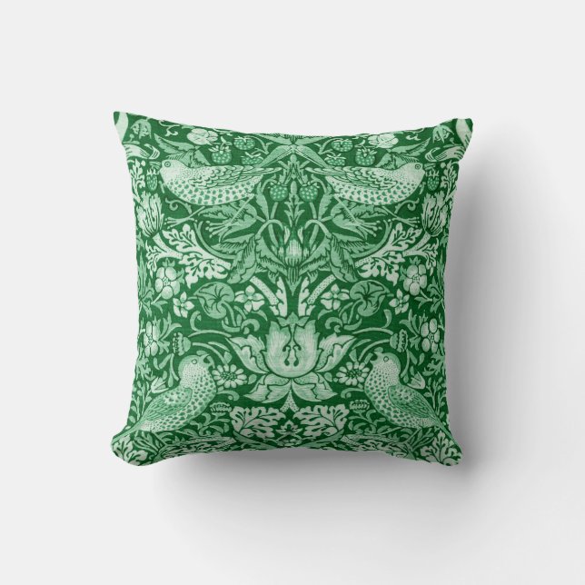 Strawberry Thief Green, William Morris Throw Pillow (Front)