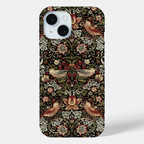 STRAWBERRY THIEF IN GOLD ON BLACK _ WILLIAM MORRIS iPhone 15 CASE