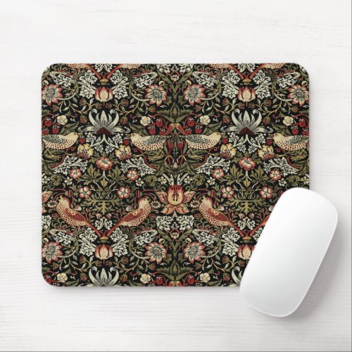 STRAWBERRY THIEF IN GOLD ON BLACK _ WILLIAM MORRIS MOUSE PAD