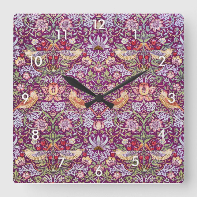 Strawberry Thief Red, William Morris Square Wall Clock (Front)