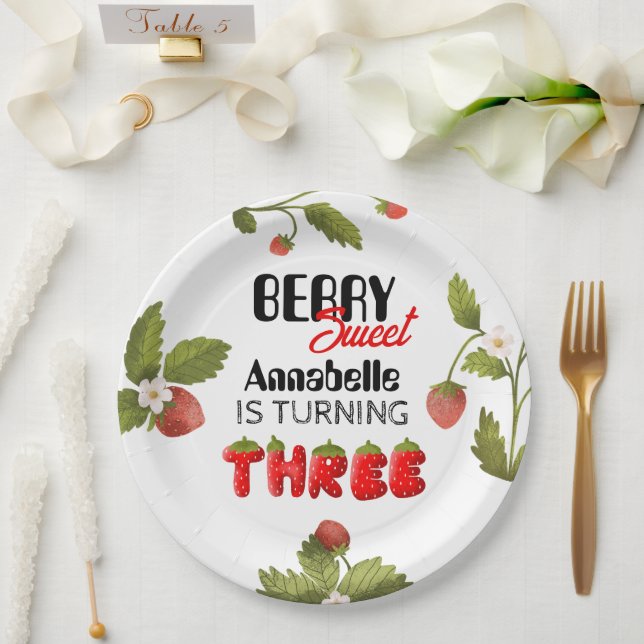 Strawberry Third Birthday Paper Plates (Wedding)