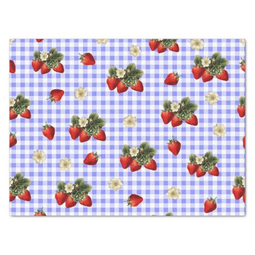 Strawberry tissue paper on blue gingham