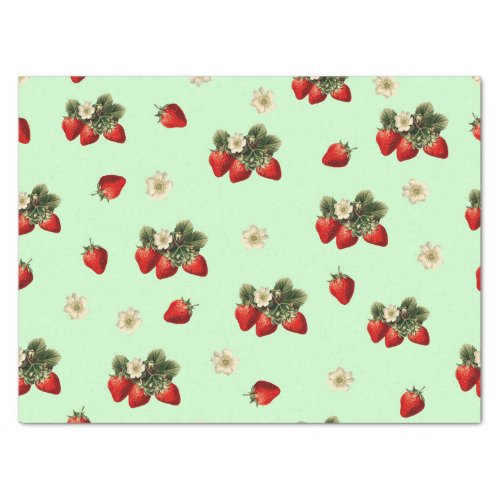 Strawberry tissue paper with blossoms on green