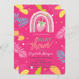 Strawberry Tropical Leaves Pink Baby Shower Invitation