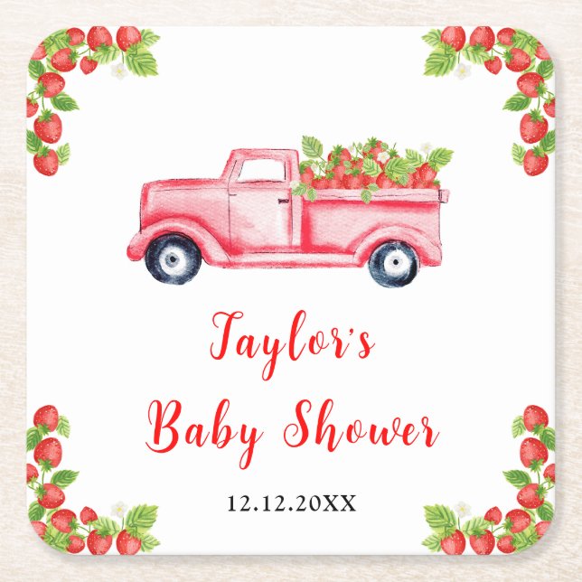 Strawberry Truck Baby Shower Square Paper Coaster (Front)