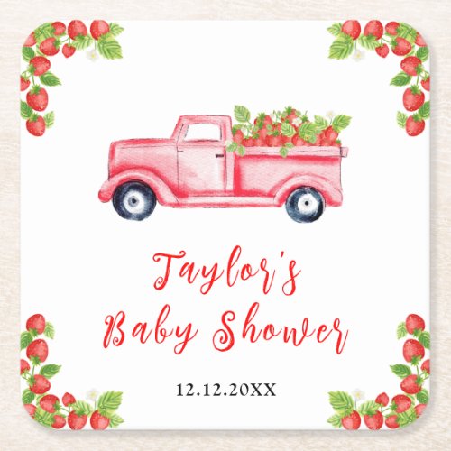 Strawberry Truck Baby Shower Square Paper Coaster