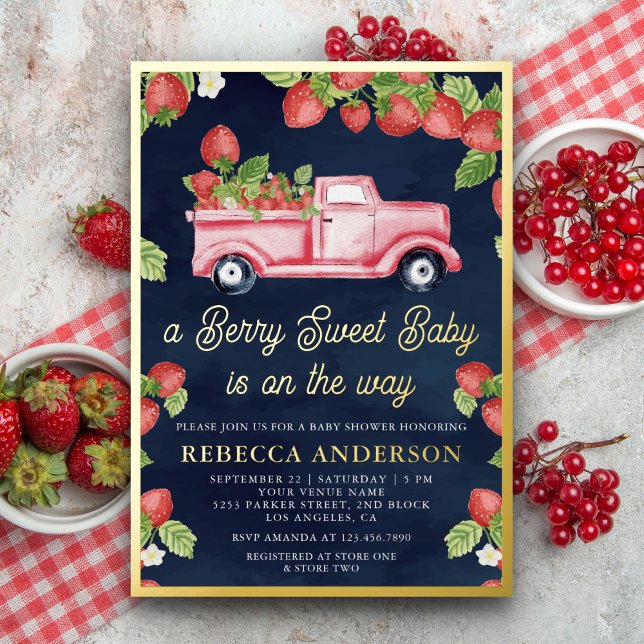 Strawberry Truck Berry Sweet Baby Shower Navy Gold Foil Invitation (Creator Uploaded)
