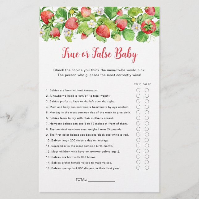 Strawberry True or False Baby Shower Game (Front)